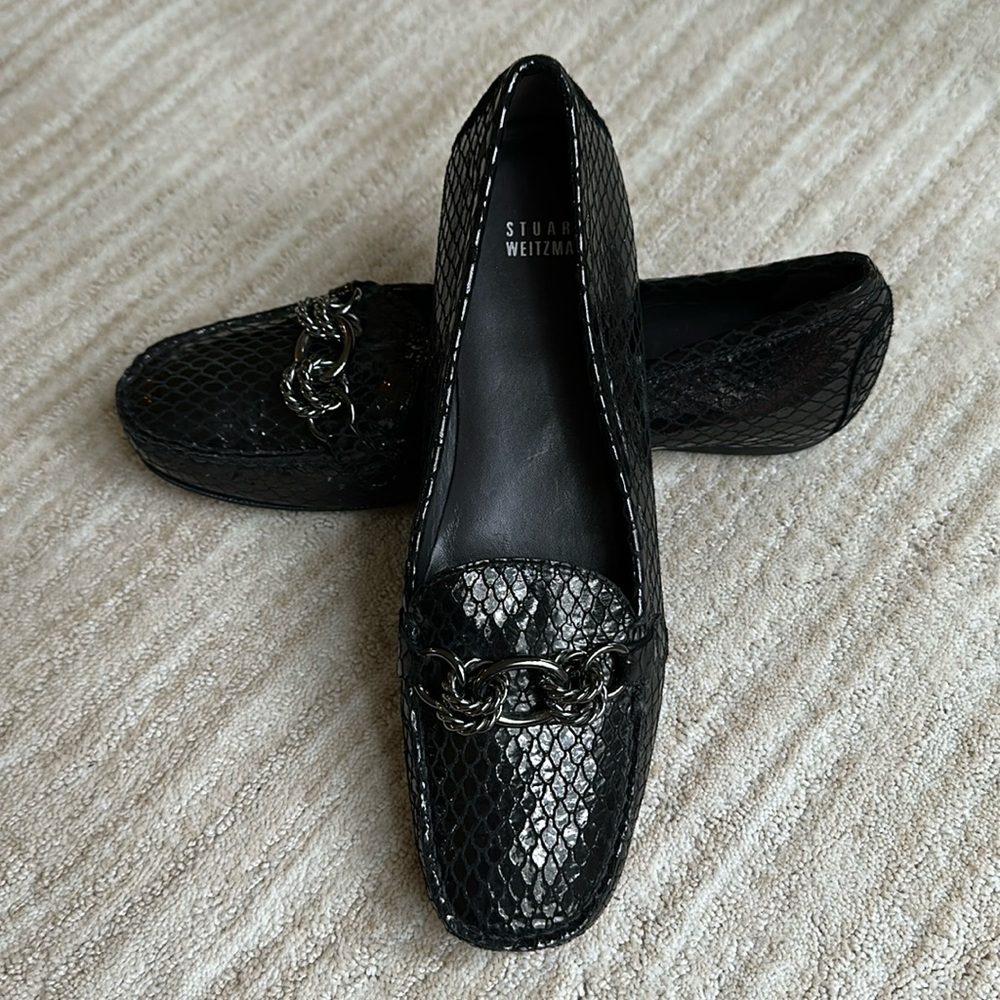Like New: Stuart Weitzman Black Snake-Embossed Chain Loafers